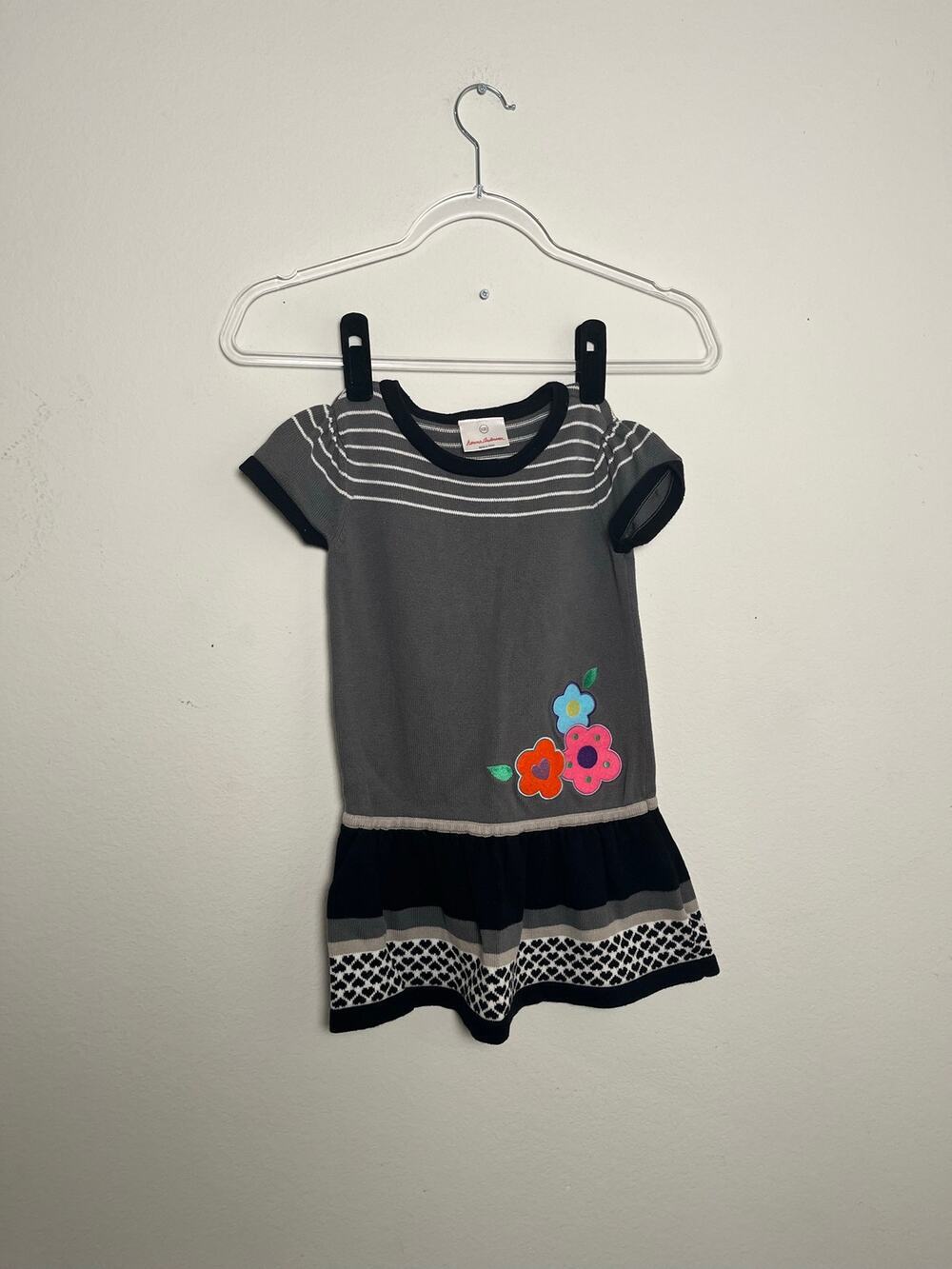 Hanna Andersson Girls Grey Black Striped Floral Knit Sweater Dress Size 100 4T